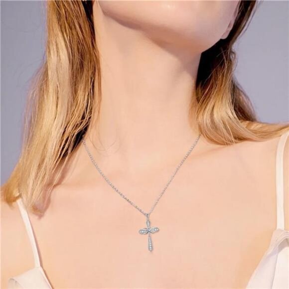 Women's Cross Necklace 925 Sterling Silver Cubic Zirconia Birthstone - Picture 2 of 4